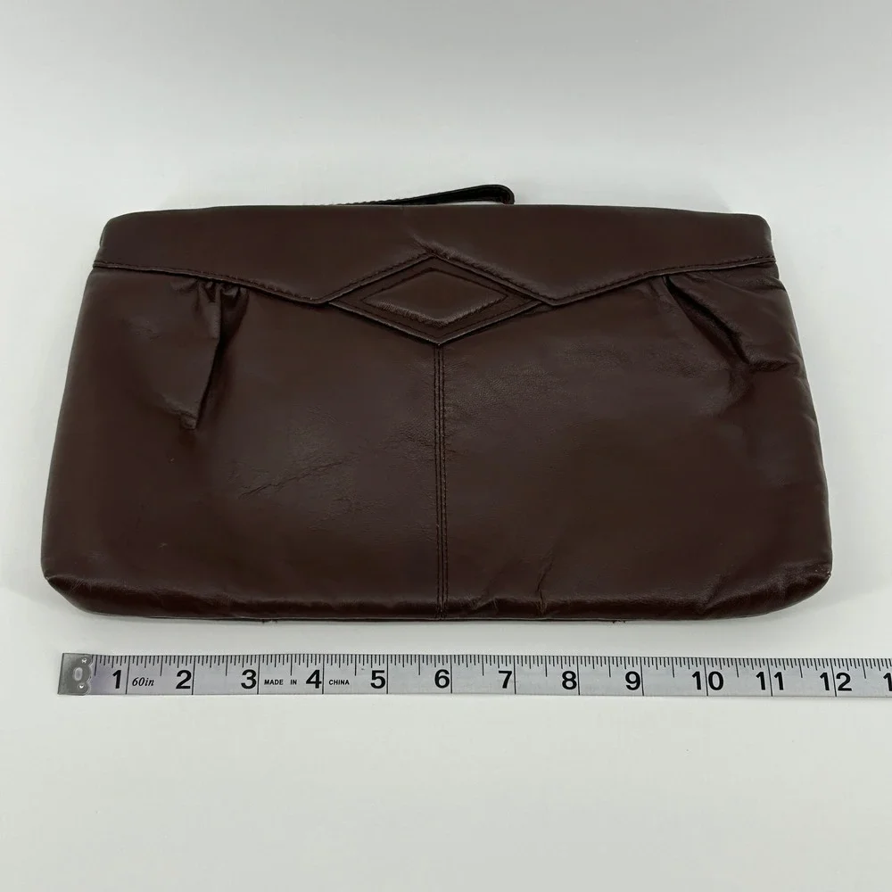 Vintage Dark Brown Soft Leather Wristlet Clutch Bag Made in Hong Kong Minimalist